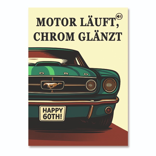 Ford Mustang Sound-Postkarte – Geburtstagsgrüße mit Motorherz (QR-Code)