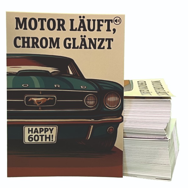 Ford Mustang Sound-Postkarte – Geburtstagsgrüße mit Motorherz (QR-Code)